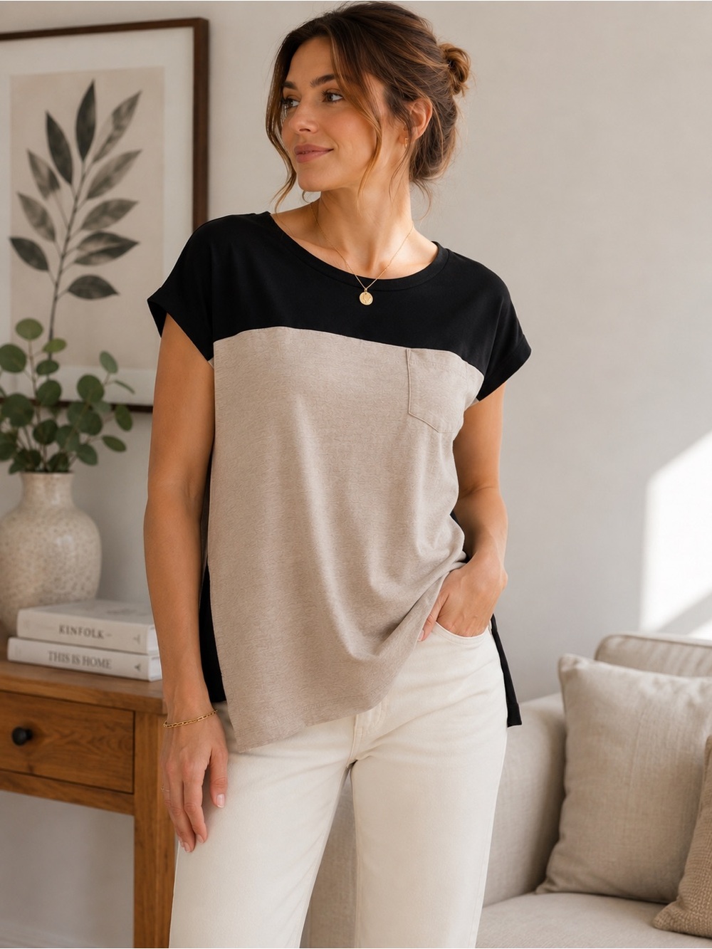 Lole Mixed Media Black Tan Colourblock‎ Hi Low Blouse